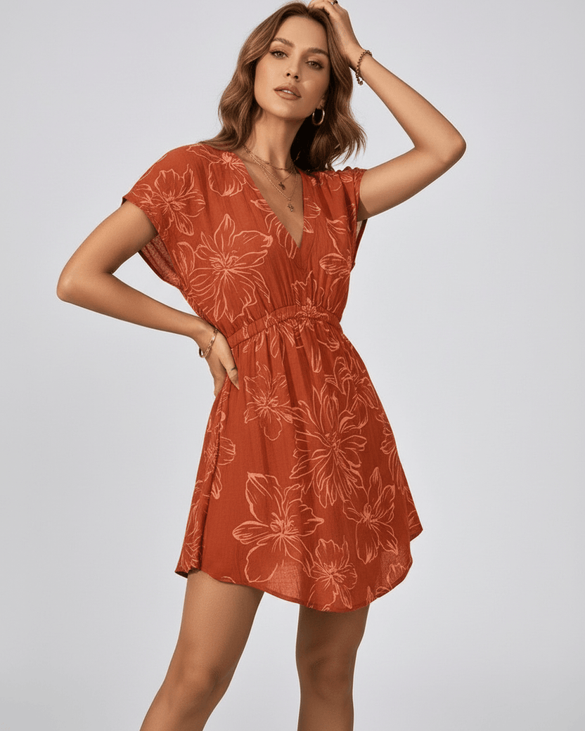 Lauven Coralia Cover Up rust floral loose dress, 100% polyester with V-neckline and elastic waist for beach style.