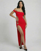 Crimsom Maxi Dress by Lauven – Elegant red off-shoulder gown with a sleek design and thigh-high slit.