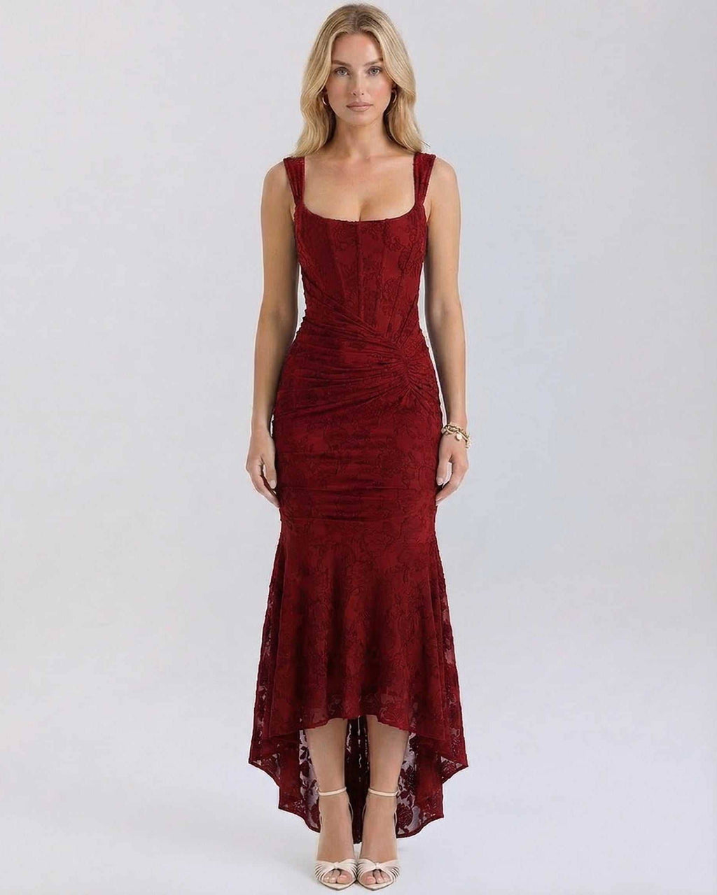 Crimson Maxi Dress by Lauven featuring elegant square collar, pleated details, and fish tail hemline in deep red.