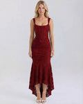 Crimson Maxi Dress by Lauven featuring elegant square collar, pleated details, and fish tail hemline in deep red.