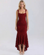 Crimson Maxi Dress by Lauven featuring elegant square collar, pleated details, and fish tail hemline in deep red.