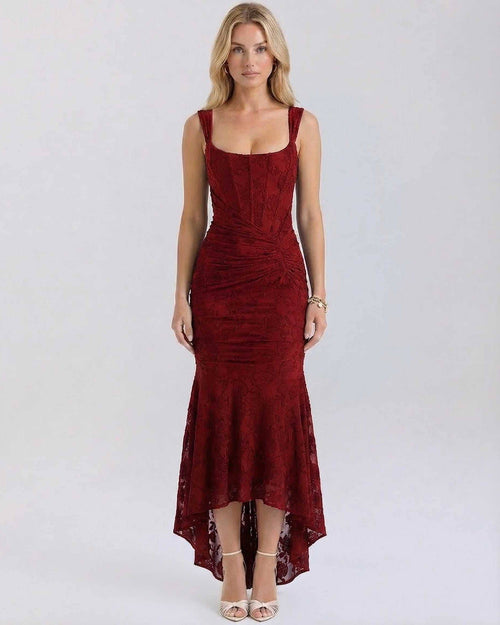 Crimson Maxi Dress by Lauven featuring elegant square collar, pleated details, and fish tail hemline in deep red.