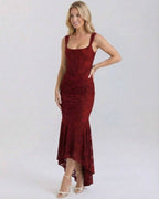 Crimson Maxi Dress by Lauven - Elegant deep red dress with square neckline and fish tail hemline.