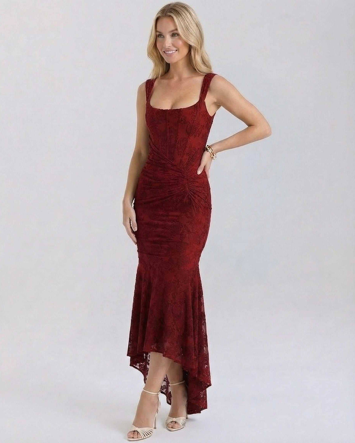 Crimson Maxi Dress by Lauven - Elegant deep red dress with square neckline and fish tail hemline.