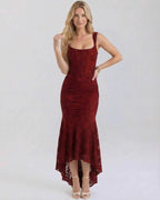 Crimson Maxi Dress by Lauven featuring a classic square neckline and fish tail hem in rich deep red.