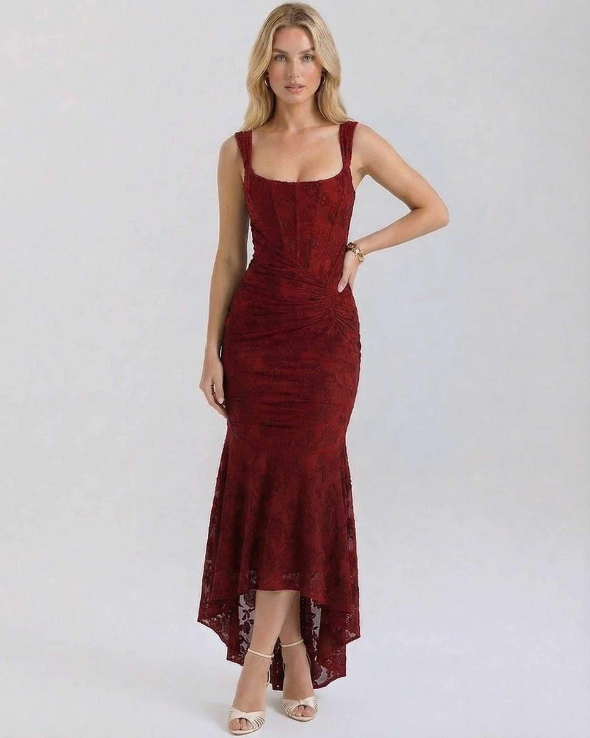 Crimson Maxi Dress by Lauven featuring a square neckline and elegant jacquard fabric in deep red.