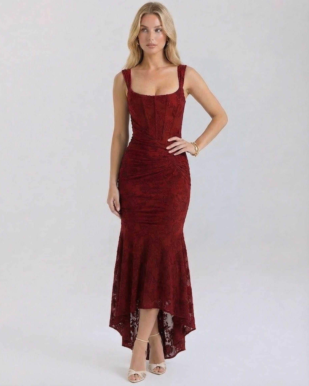 Crimson Maxi Dress by Lauven, elegant square collar jacquard dress in deep red with pleated details and fish tail hem.