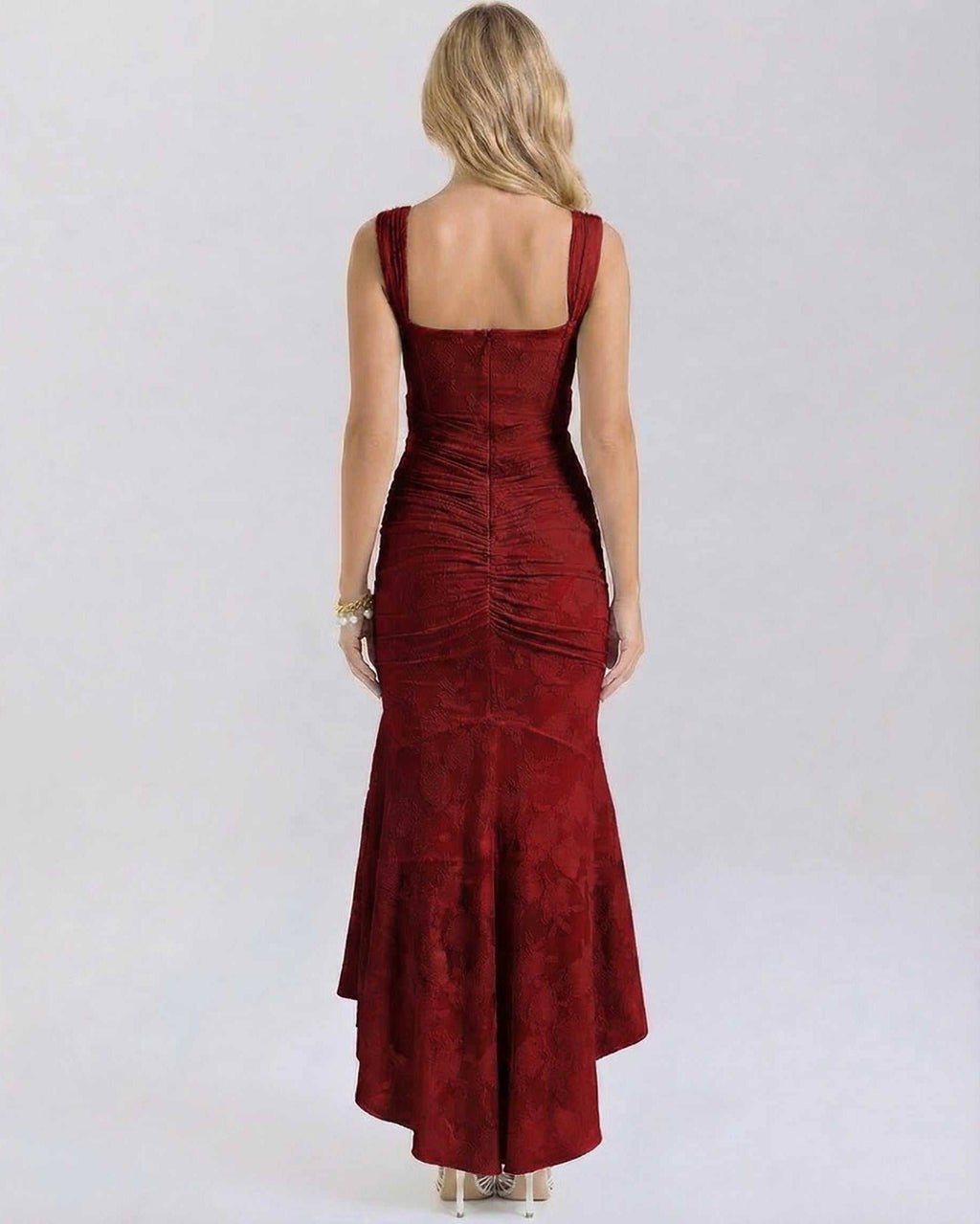 Back view of the Crimson Maxi Dress by Lauven with square neck and fish tail hemline in deep red.