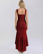 Back view of the Crimson Maxi Dress by Lauven with square neck and fish tail hemline in deep red.