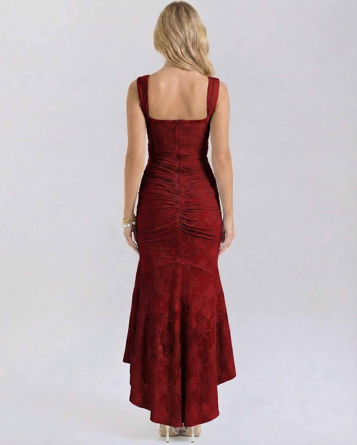 Back view of the Crimson Maxi Dress by Lauven with square neck and fish tail hemline in deep red.