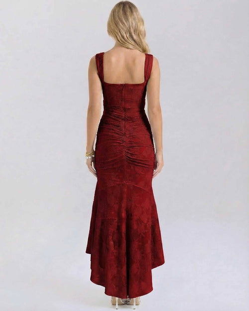 Back view of the Crimson Maxi Dress by Lauven with square neck and fish tail hemline in deep red.