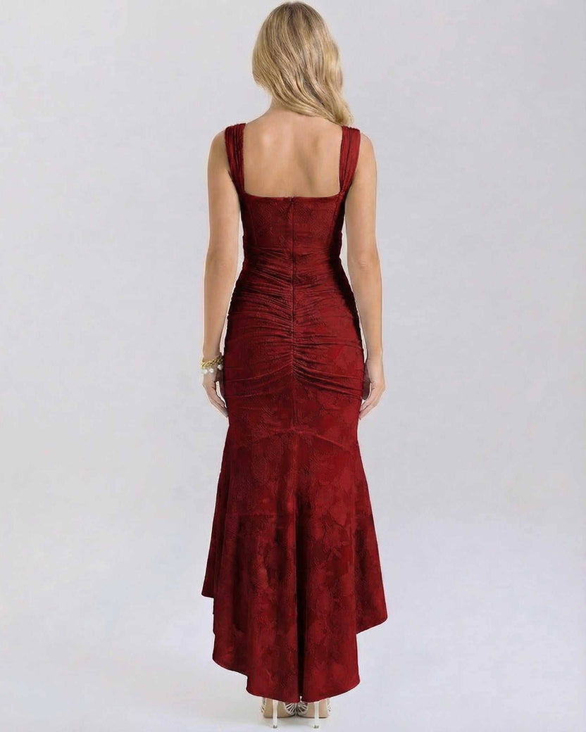 Back view of the Crimson Maxi Dress by Lauven with square neck and fish tail hemline in deep red.