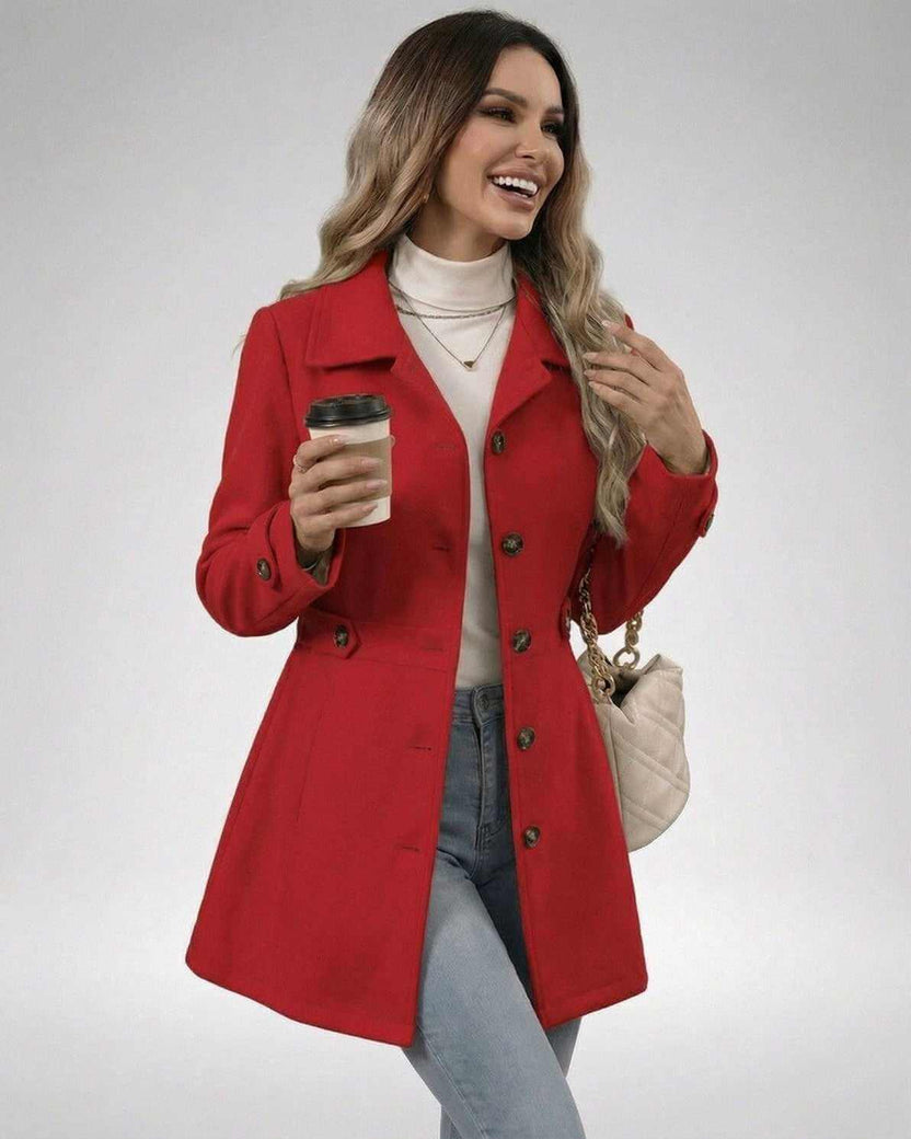 Crimson Sculpt Jacket by Lauven worn by a smiling woman holding a coffee, showcasing a stylish, tailored design.