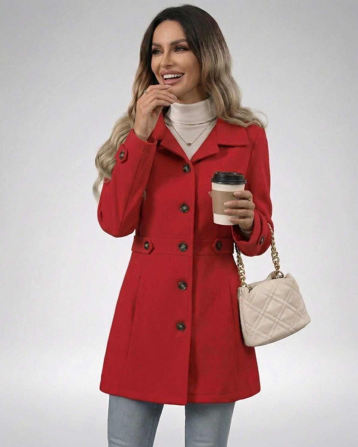 Crimson Sculpt Jacket by Lauven, a chic women's tailored coat in vibrant red, exuding elegance and modern style.