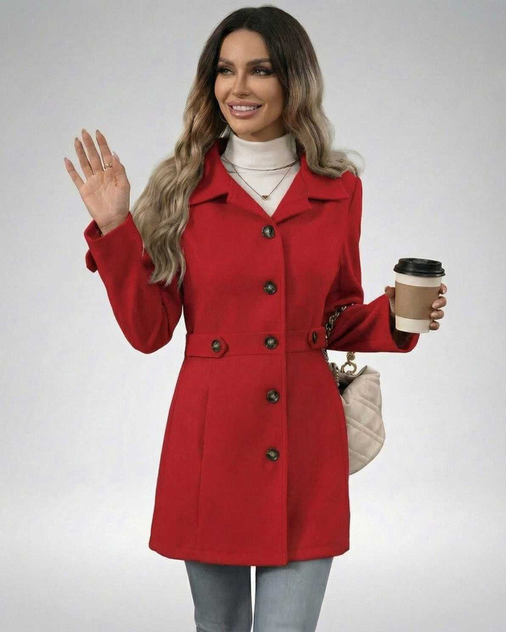 Crimson Sculpt Jacket by Lauven, women's slim fit tailored jacket in vibrant red, styled confidently with a coffee.