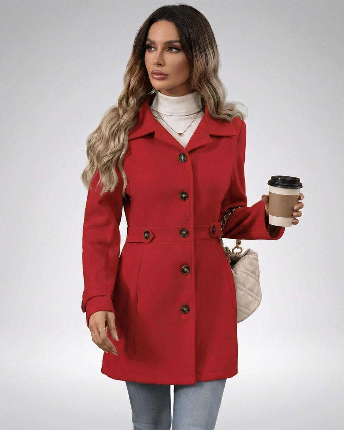 Crimson Sculpt Jacket by Lauven worn by a woman holding a coffee, showcasing its tailored fit and elegant design.