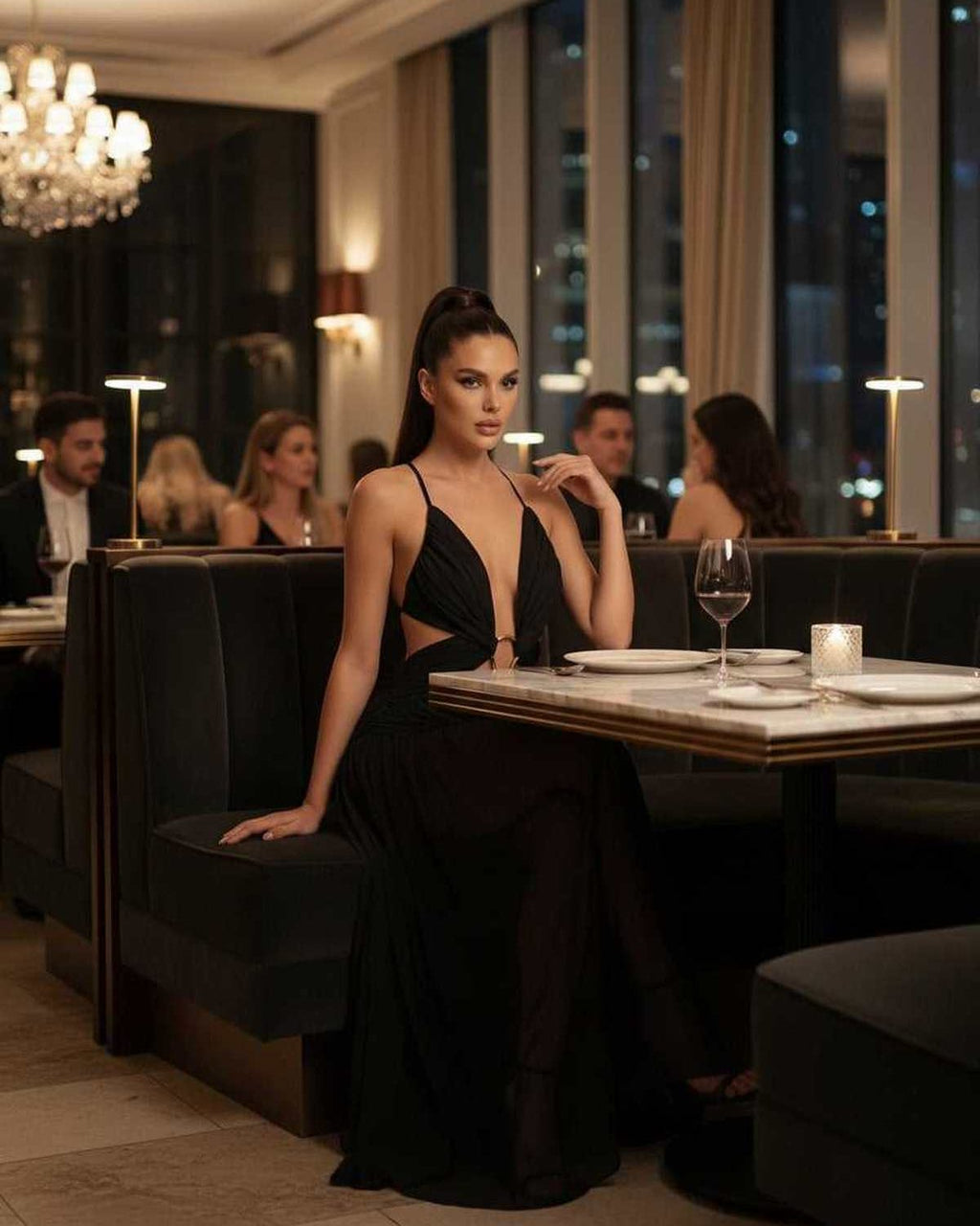Eclipse Maxi Dress – Elegant black dress with deep V-neck, cut-out detail, and flowing silhouette by Lauven.