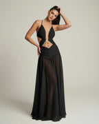 Eclipse Maxi Dress featuring a deep V-neck, cut-out detail, and flowing silhouette by Lauven, perfect for a modern and elegant look.