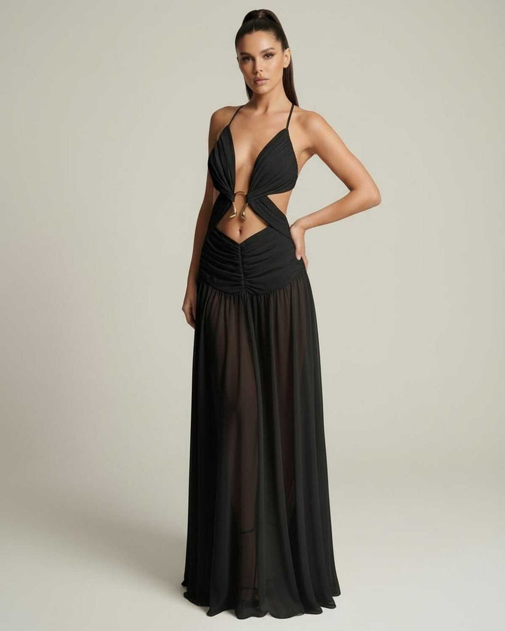 Eclipse Maxi Dress featuring deep V-neck, cut-out detail, flowing silhouette by Lauven, elegant and modern design.