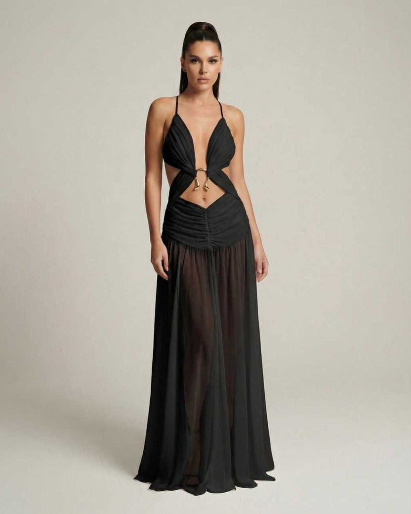 Eclipse Maxi Dress by Lauven, featuring a black color, deep V-neck, cut-out detail, and flowing silhouette.