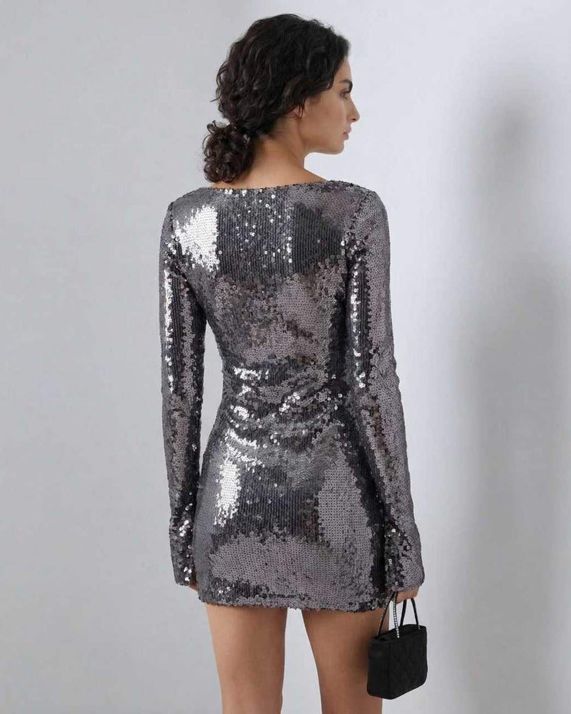Lauven Eestella Mini Dress with sequined shine and flared sleeves, showcasing a modern silhouette in glamorous style.
