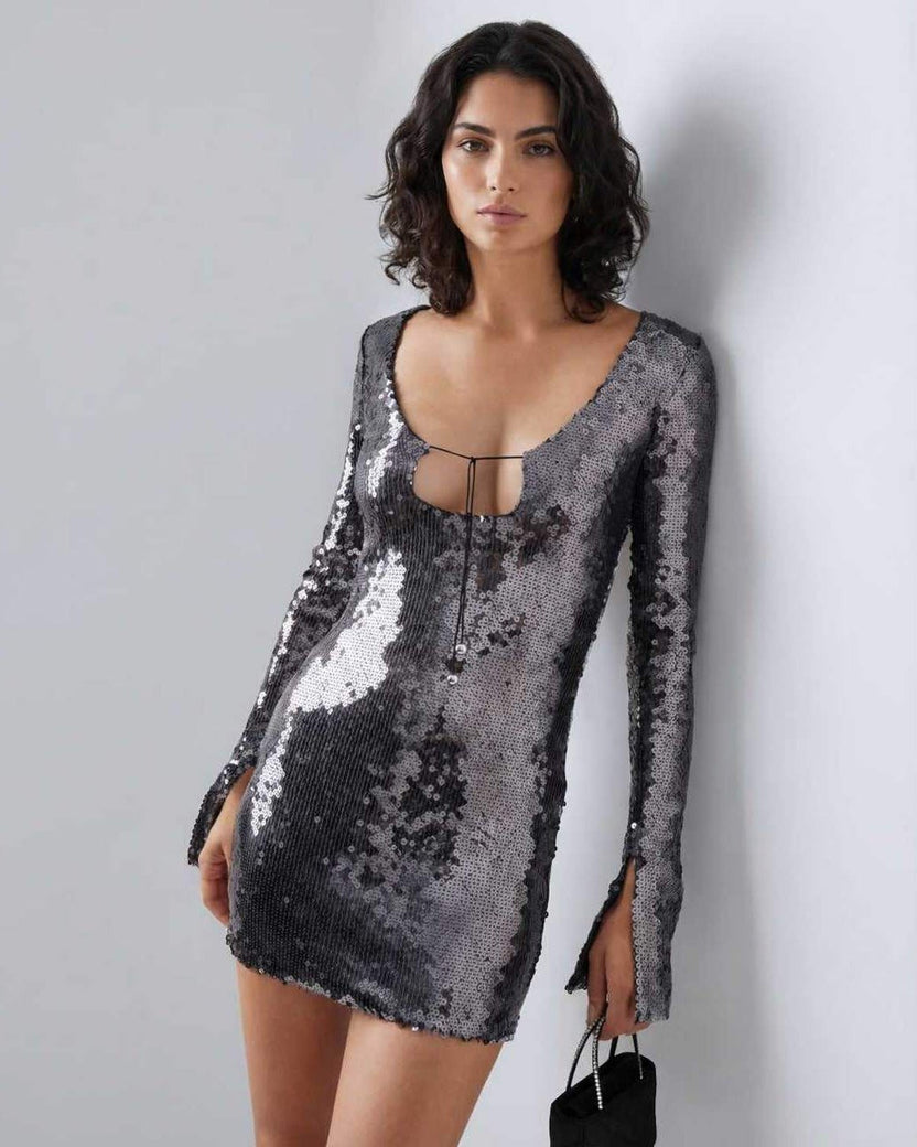 Lauven Eestella Mini Dress with sequined shine and flared sleeves, showcasing a sleek silhouette and modern design.