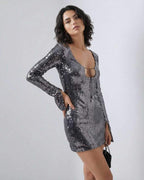Lauven Eestella Mini Dress with sequined shine and flared sleeves, perfect for elegant, fashion-forward occasions.
