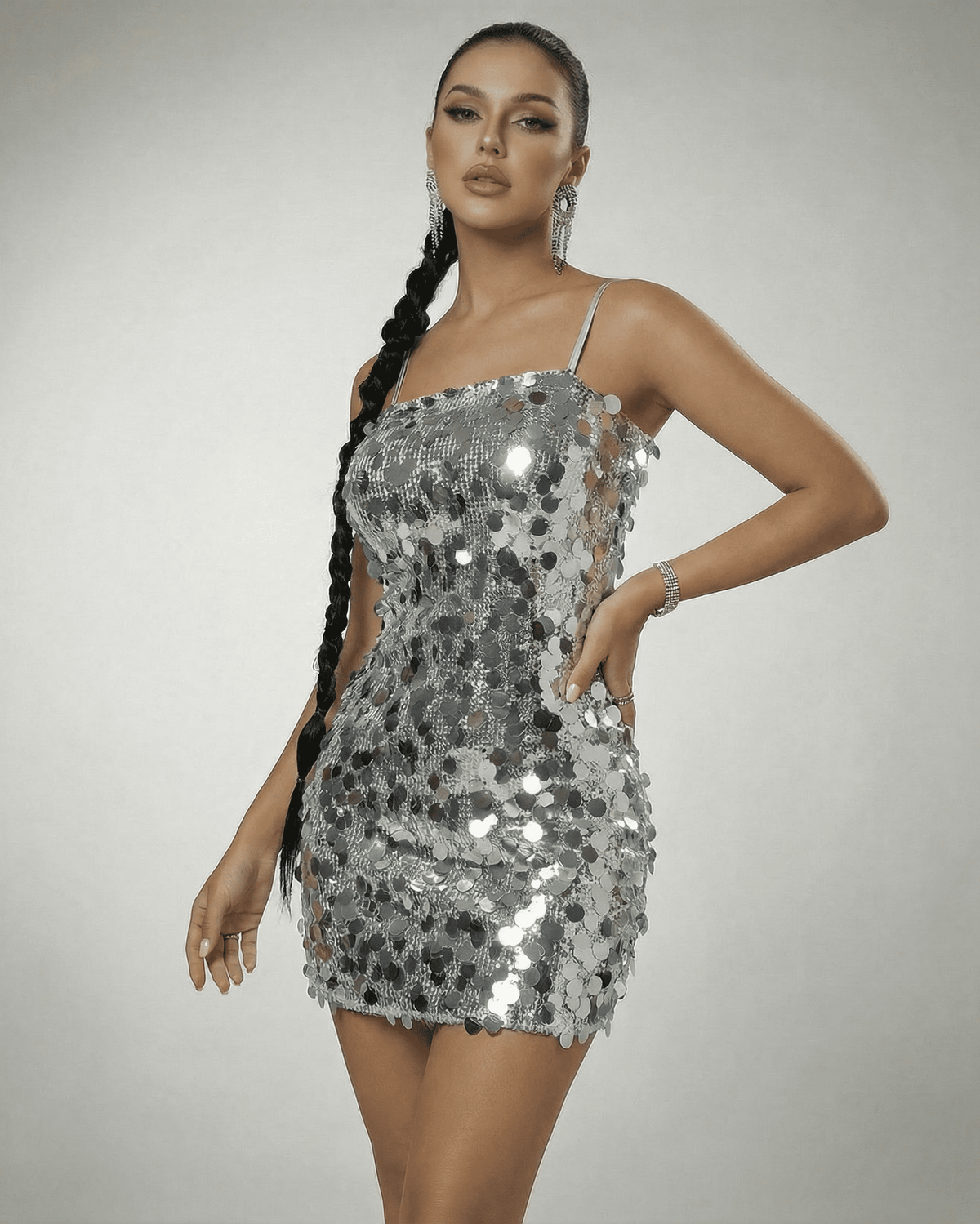 Eestella Mini Dress by Lauven - Silver sequin off-the-shoulder mini dress with high waist silhouette.
