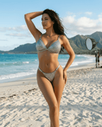 Elara Bikini Set showcasing a gray micro-textured design with a sleek triangle top and low waist bottoms, by Lauven.