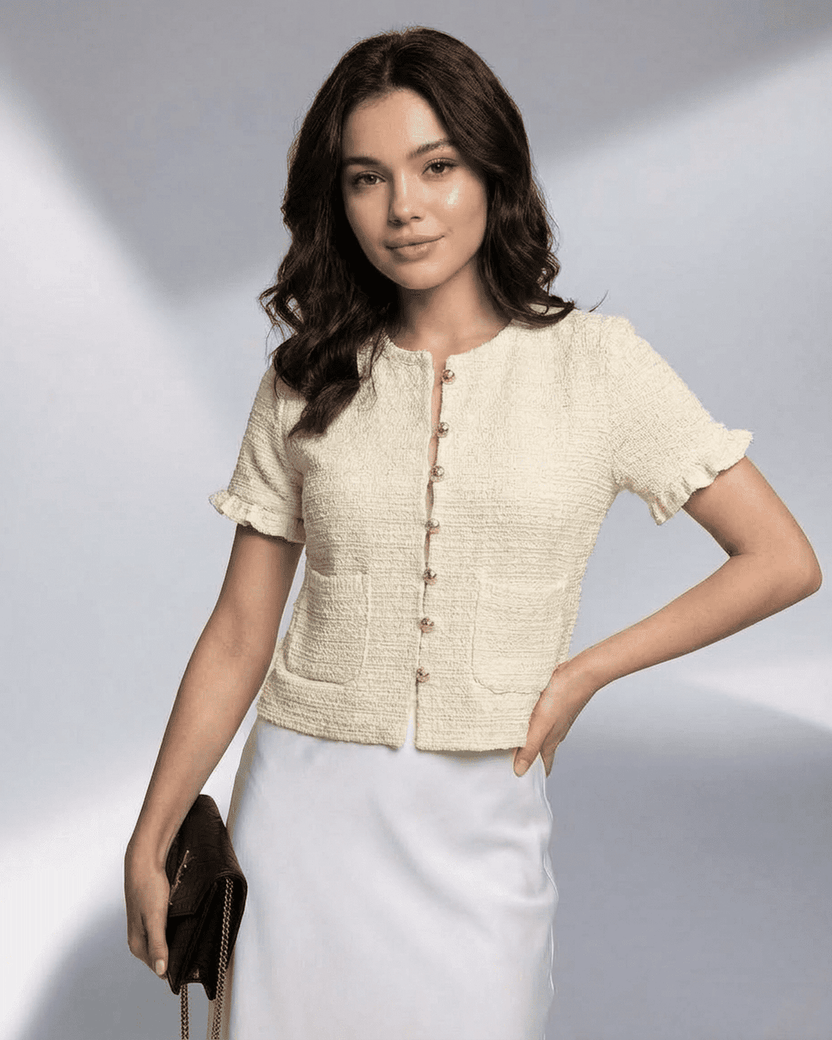 Elara Cardigan by Lauven – Short Sleeve Button Knitwear with a refined silhouette in a light fabric.