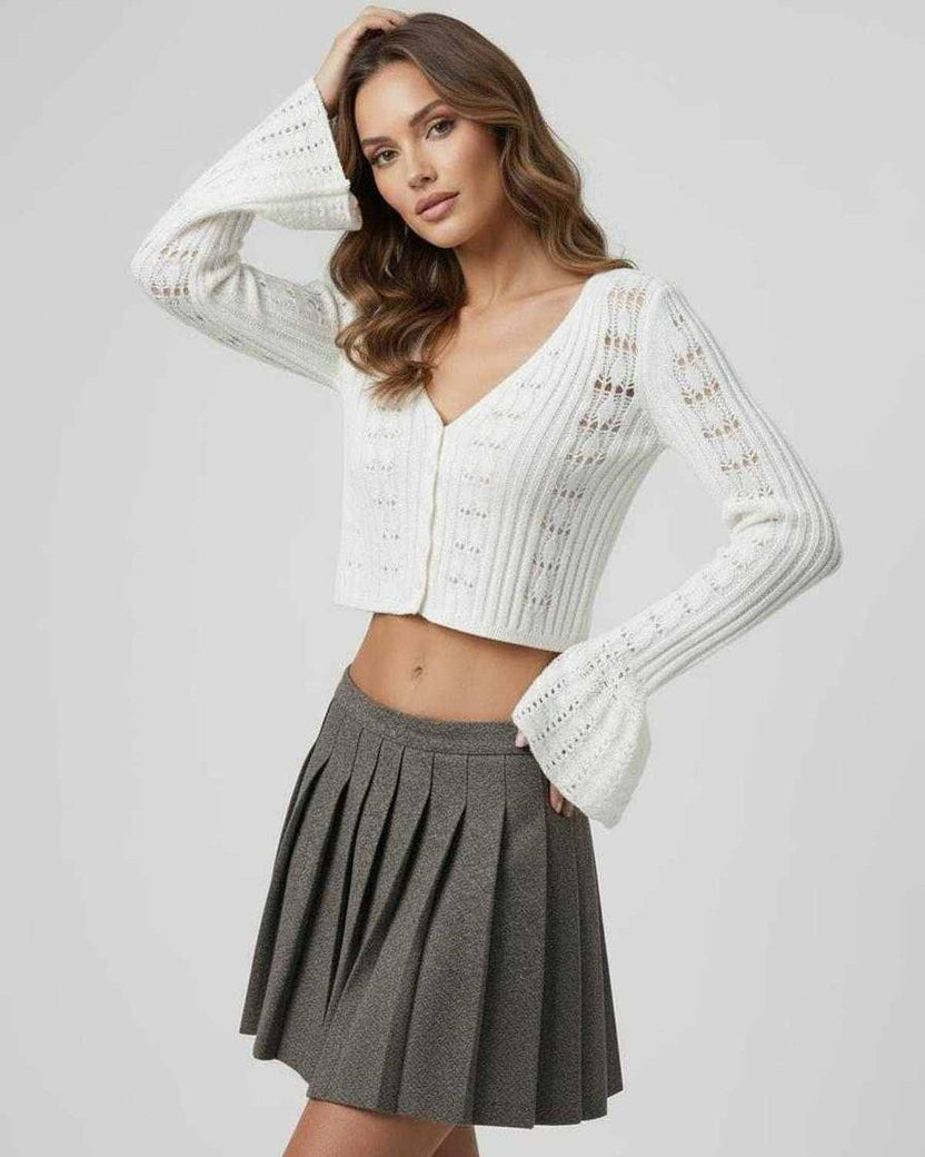 Elara Cardigan by Lauven, white cropped cardigan sweater with openwork knit, V-neckline, perfect for everyday elegance.