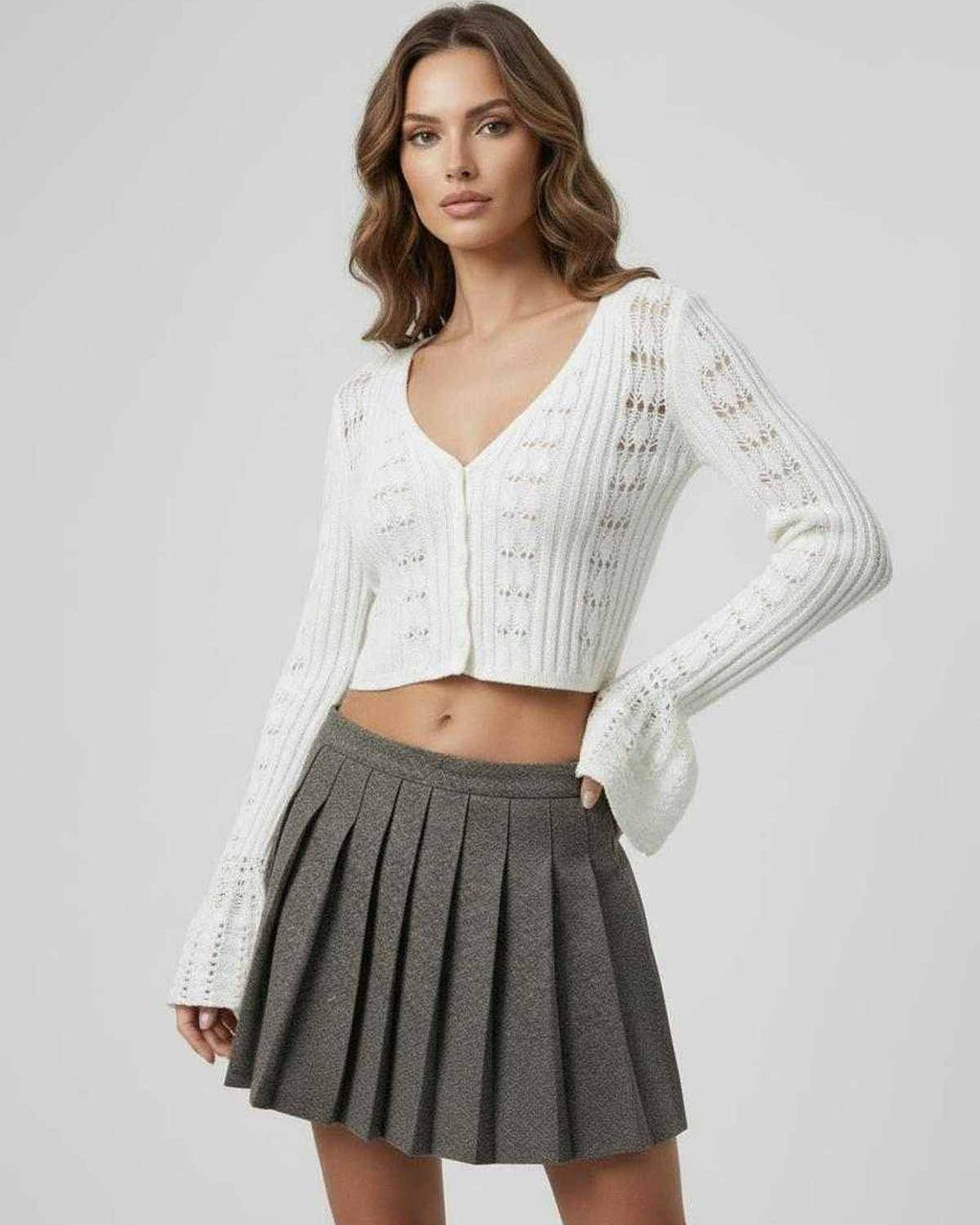 Elara Cardigan white cropped sweater with V-neckline and openwork knit by Lauven, perfect for elegant everyday style.