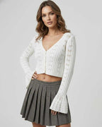 Elara Cardigan white cropped sweater featuring openwork knit, V-neckline, by Lauven, perfect for an elegant touch.