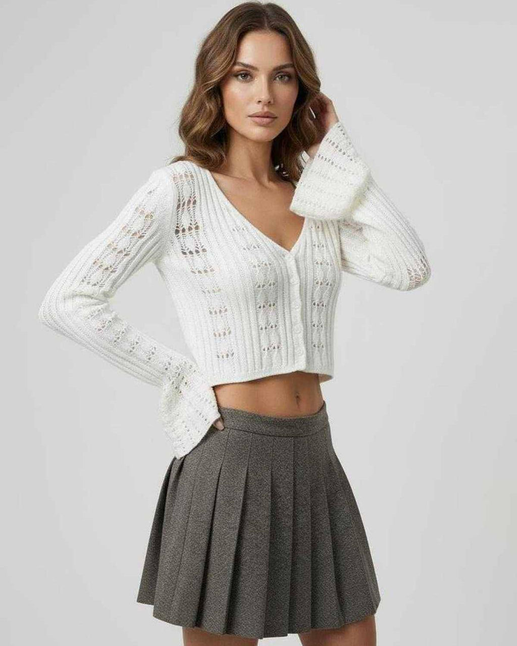 Elara Cardigan, white cropped cardigan sweater, V-neckline, openwork knit, elegant design by Lauven.
