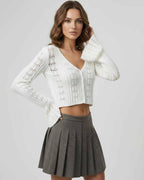Elara Cardigan, white cropped cardigan sweater, V-neckline, openwork knit, elegant design by Lauven.