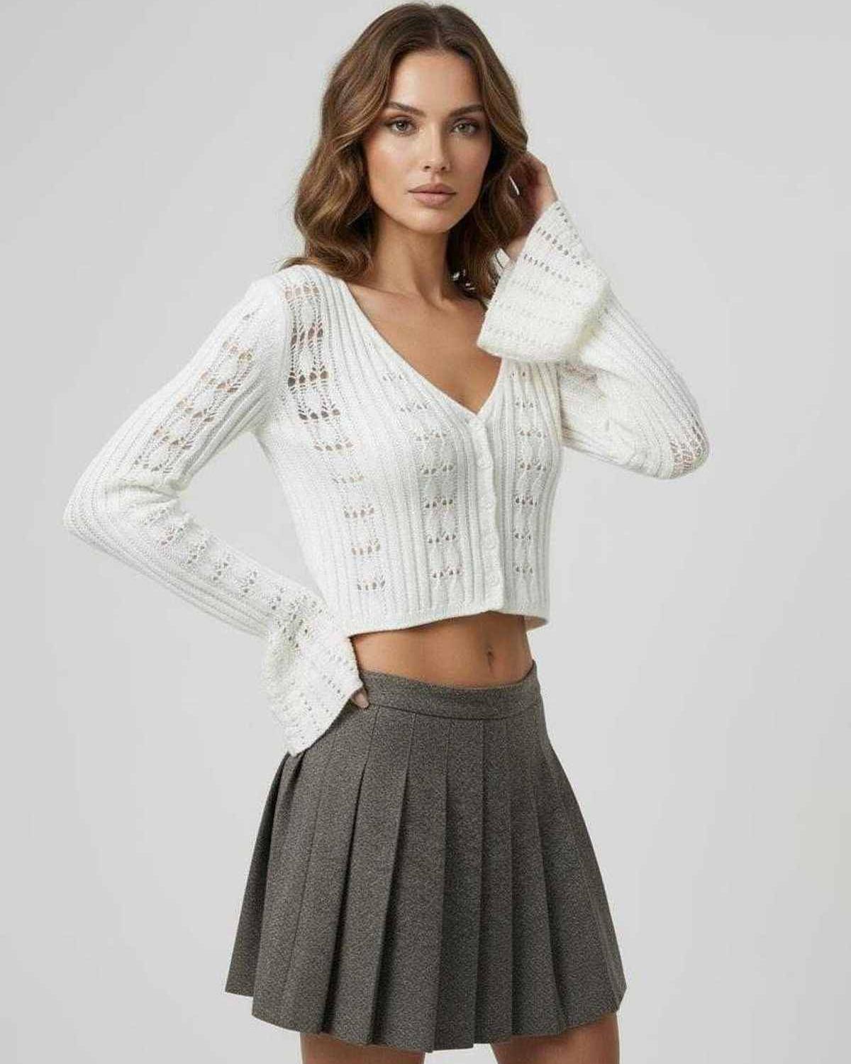 Elara Cardigan, white cropped cardigan sweater, V-neckline, openwork knit, elegant design by Lauven.