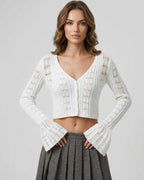 Elara Cardigan featuring a cropped silhouette, V-neckline, and openwork knit detailing by Lauven.