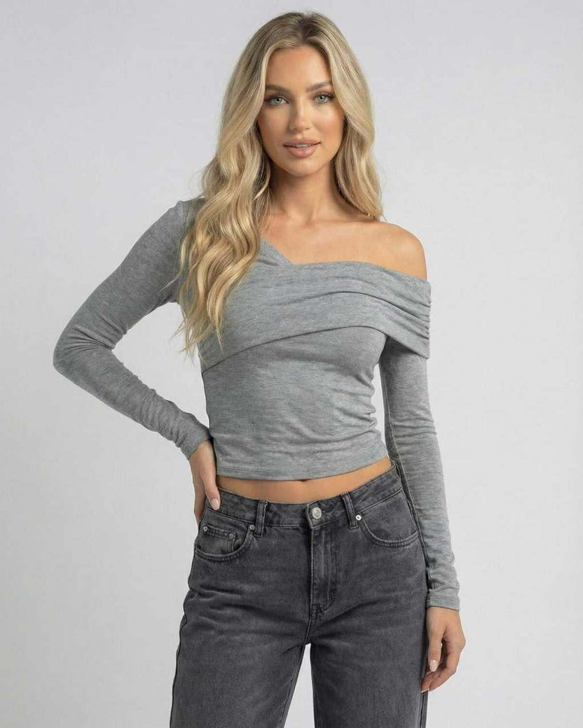 Elara Long Sleeve top by Lauven, gray off-the-shoulder design for women, featuring a slim fit and modern style.