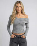 Elara Long Sleeve - Lauven women's off-the-shoulder gray top featuring a modern slim fit.