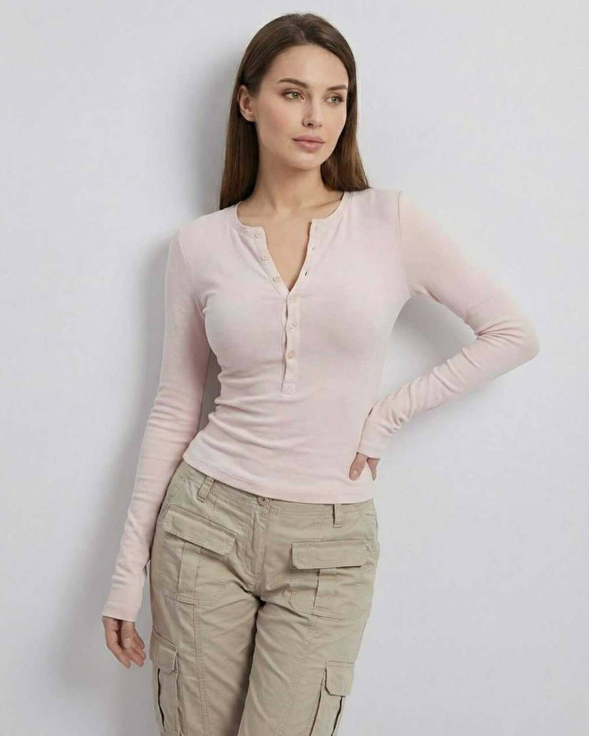 Elara Long Sleeve - Women’s Pink Long Sleeve Top by Lauven with Slim Fit and Button Placket