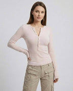 Elara Long Sleeve - Lauven women's pink long sleeve top featuring slim fit viscose design and half-open neckline.