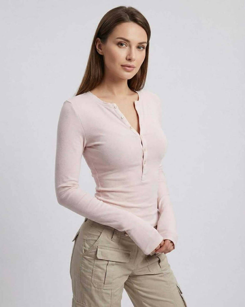 Elara Long Sleeve by Lauven - Women’s pink long sleeve top with slim fit viscose design and half-open neckline.