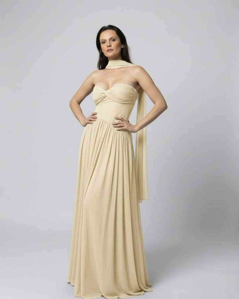 Elara Maxi Dress - Beige strapless maxi dress with choker scarf, elegant and flowing by Lauven.