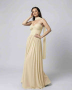 Elara Maxi Dress – Elegant strapless beige dress with choker scarf, flowing silhouette by Lauven.