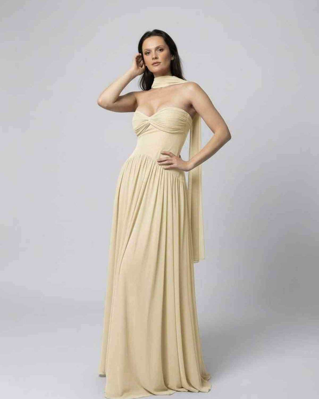 Elara Maxi Dress - Beige strapless maxi dress with elegant choker scarf, flowing skirt by Lauven.