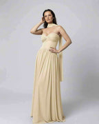 Elara Maxi Dress - Beige strapless maxi dress with elegant choker scarf, flowing skirt by Lauven.