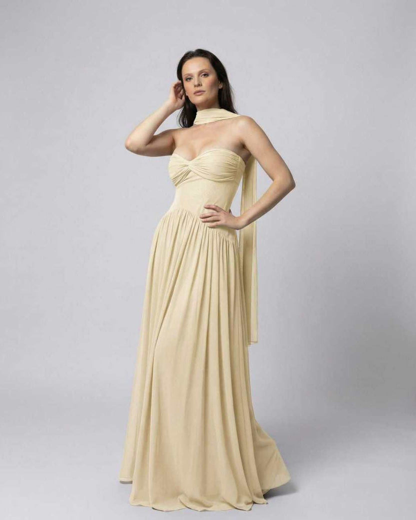 Elara Maxi Dress - Beige strapless dress with choker scarf, elegant flowing design by Lauven.