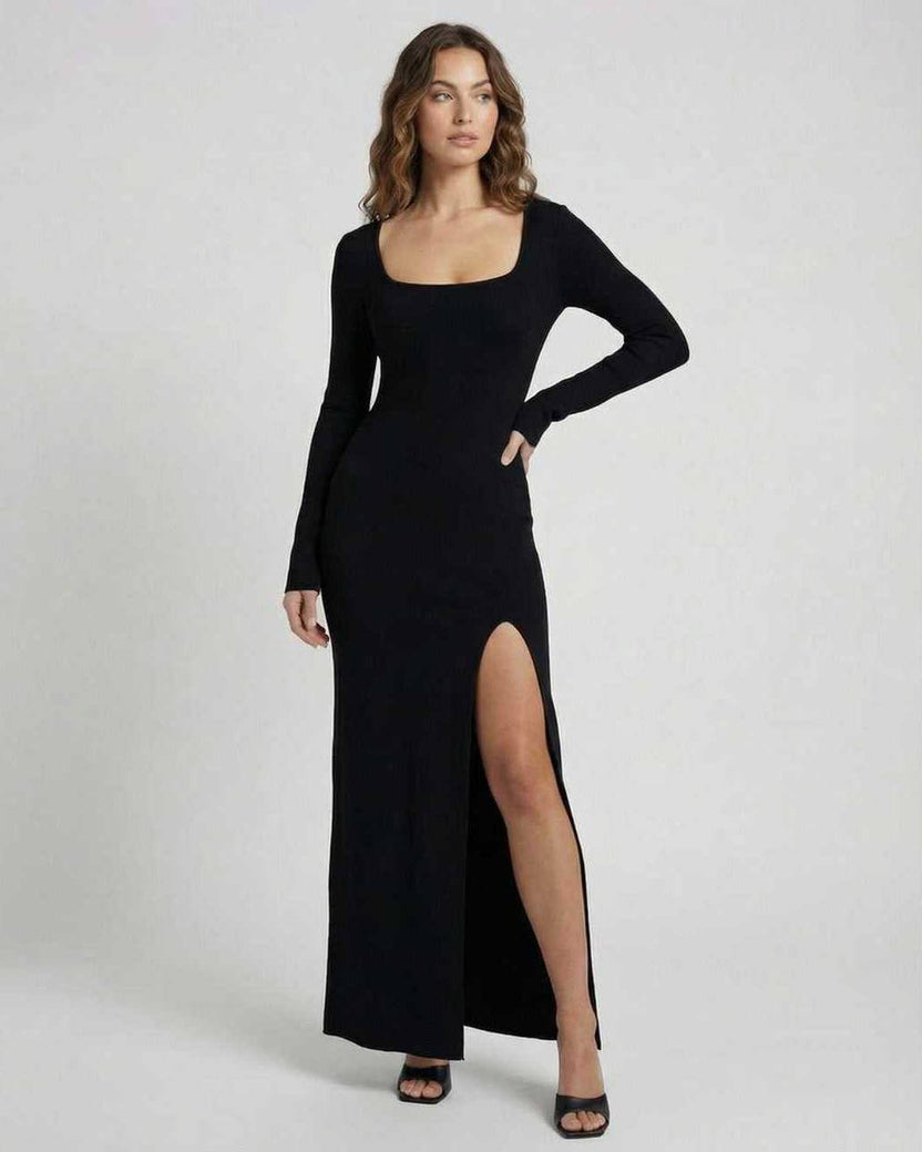 Elara Maxi Dress by Lauven - Black Long Sleeve Slim Fit Dress with Side Slit