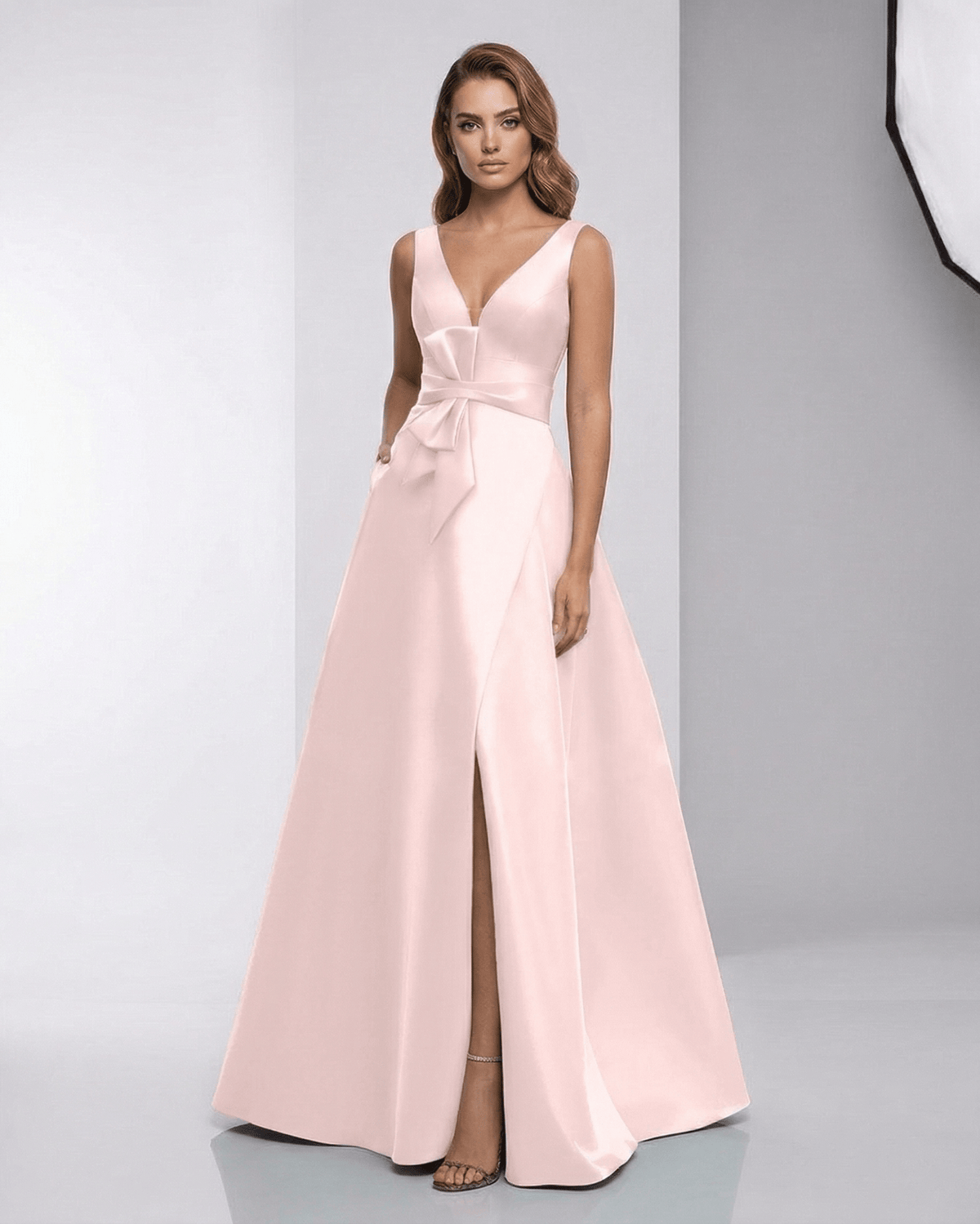 Elara Maxi Dress - Blush satin A-line evening gown with V-neck, smooth finish and graceful floor-length design by Lauven.