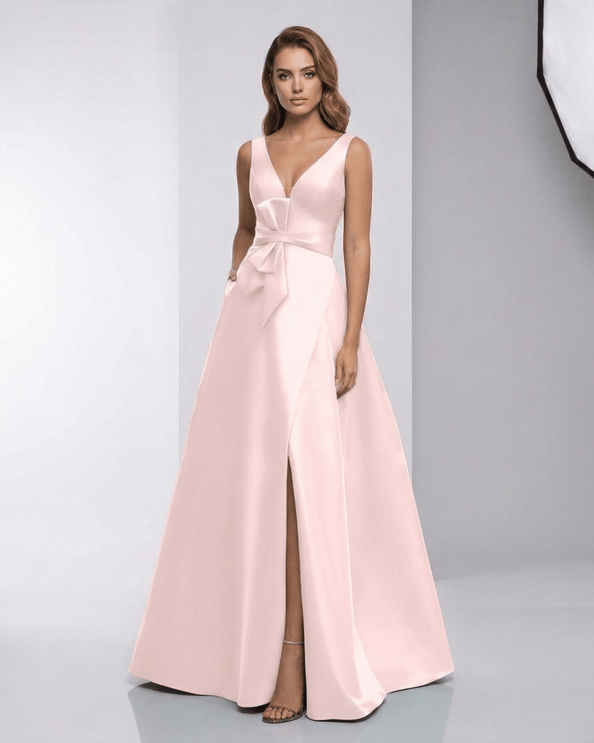 Elara Maxi Dress - Blush satin A-line evening gown with V-neck, smooth finish and graceful floor-length design by Lauven.